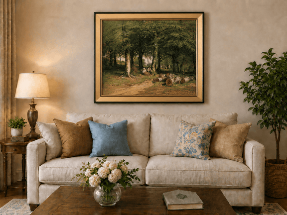Framed hand-painted forest oil painting with figures resting near cut logs and tall trees displayed above a neutral living room sofa.
