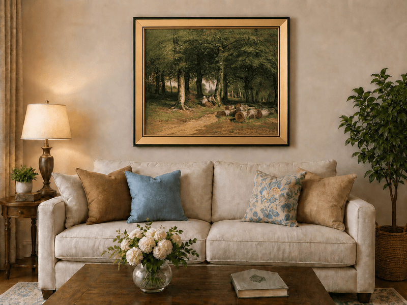 Framed hand-painted forest oil painting with figures resting near cut logs and tall trees displayed above a neutral living room sofa.
