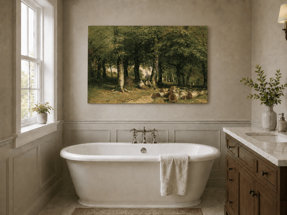 Unframed hand-painted forest oil painting with figures resting near cut logs and tall trees displayed above a freestanding bathtub.