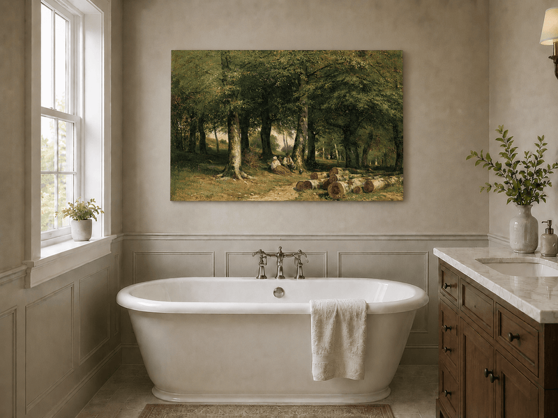 Unframed hand-painted forest oil painting with figures resting near cut logs and tall trees displayed above a freestanding bathtub.