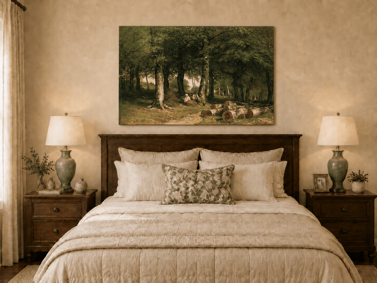 Unframed hand-painted forest oil painting with figures resting near cut logs and tall trees displayed above a wooden bed in a neutral bedroom.