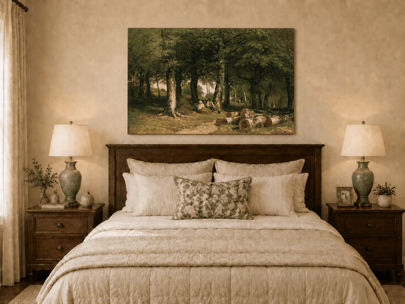 Unframed hand-painted forest oil painting with figures resting near cut logs and tall trees displayed above a wooden bed in a neutral bedroom.