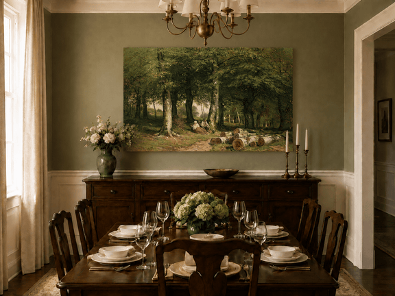 Unframed hand-painted forest oil painting with figures resting near cut logs and tall trees displayed above a formal dining table.