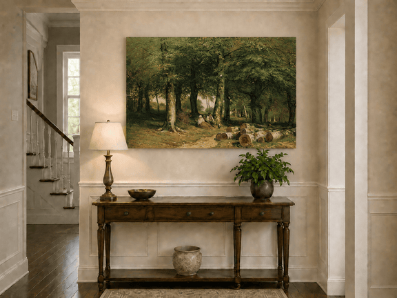 Unframed hand-painted forest oil painting with figures resting near cut logs and tall trees displayed above an entryway console table.