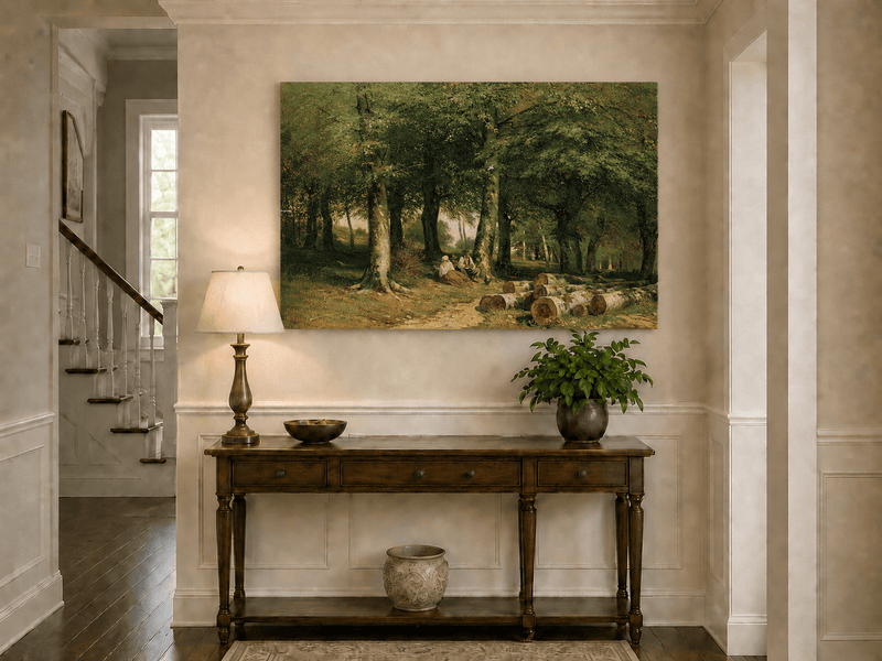 Unframed hand-painted forest oil painting with figures resting near cut logs and tall trees displayed above an entryway console table.