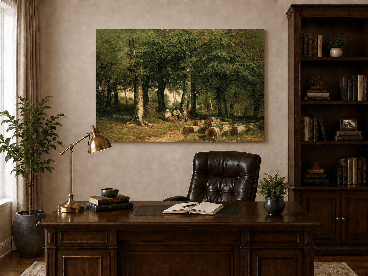 Unframed hand-painted forest oil painting with figures resting near cut logs and tall trees displayed above a traditional home office desk.