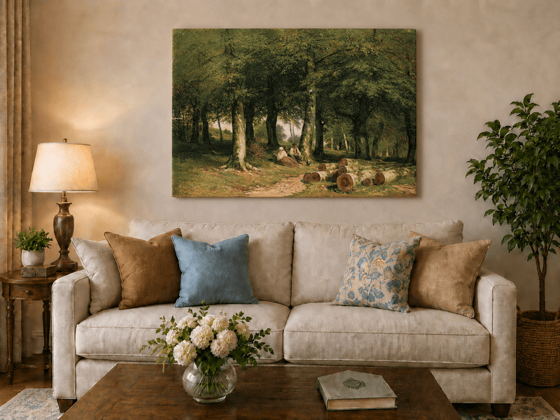 Unframed hand-painted forest oil painting with figures resting near cut logs and tall trees displayed above a neutral living room sofa.
