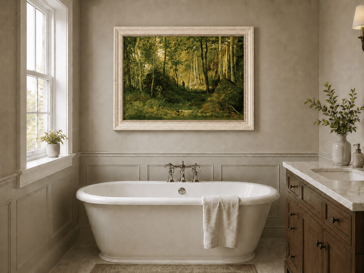 Framed hand-painted forest glade oil painting with a figure, rocks and filtered sunlight displayed above a freestanding bathtub.