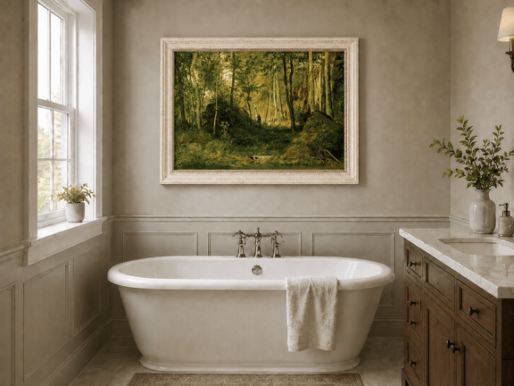 Framed hand-painted forest glade oil painting with a figure, rocks and filtered sunlight displayed above a freestanding bathtub.