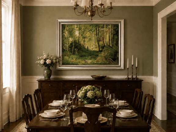 Framed hand-painted forest glade oil painting with a figure, rocks and filtered sunlight displayed above a formal dining table.