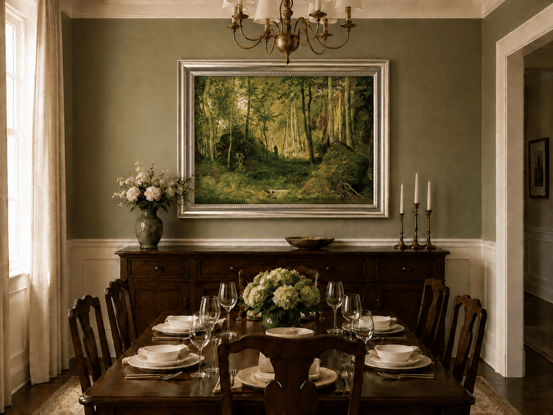 Framed hand-painted forest glade oil painting with a figure, rocks and filtered sunlight displayed above a formal dining table.