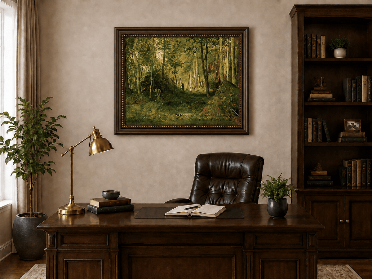 Framed hand-painted forest glade oil painting with a figure, rocks and filtered sunlight displayed above a traditional home office desk.