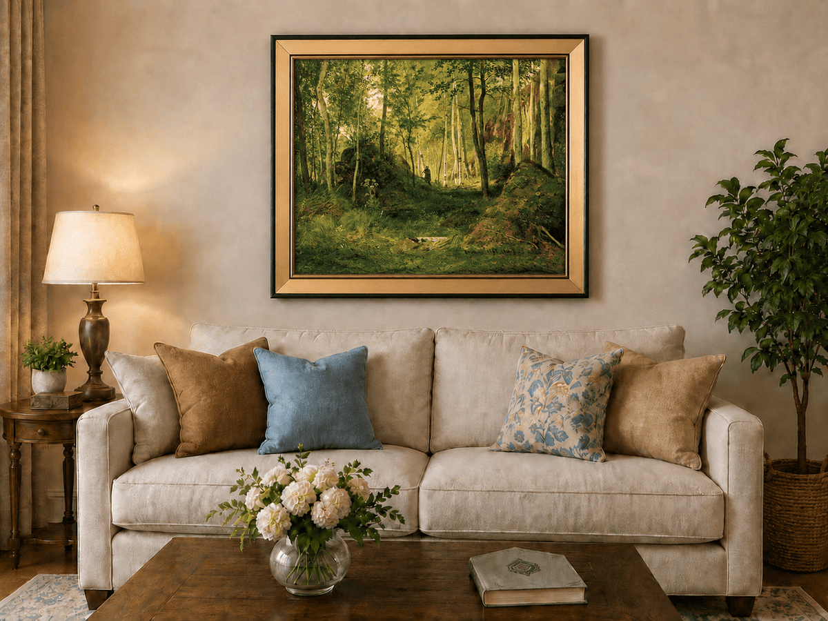 Framed hand-painted forest glade oil painting with a figure, rocks and filtered sunlight displayed above a neutral living room sofa.