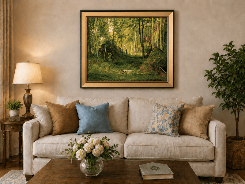 Framed hand-painted forest glade oil painting with a figure, rocks and filtered sunlight displayed above a neutral living room sofa.