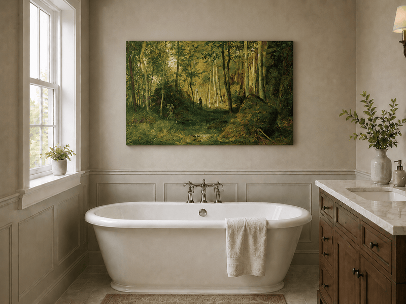 Unframed hand-painted forest glade oil painting with a figure, rocks and filtered sunlight displayed above a freestanding bathtub.