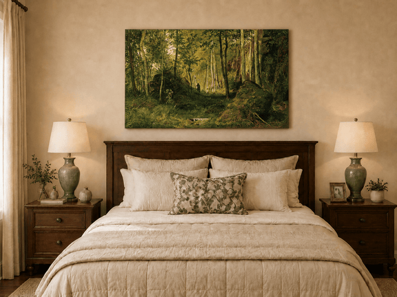 Unframed hand-painted forest glade oil painting with a figure, rocks and filtered sunlight displayed above a wooden bed in a neutral bedroom.