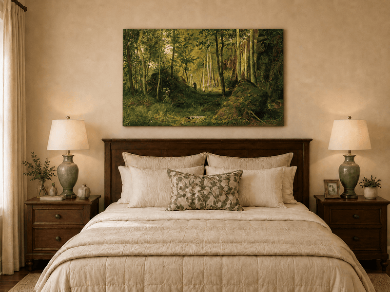 Unframed hand-painted forest glade oil painting with a figure, rocks and filtered sunlight displayed above a wooden bed in a neutral bedroom.
