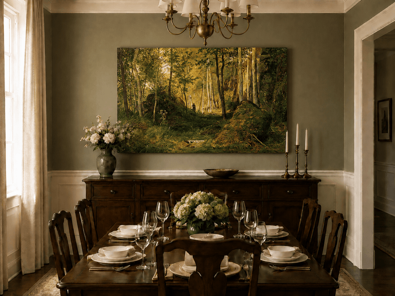 Unframed hand-painted forest glade oil painting with a figure, rocks and filtered sunlight displayed above a formal dining table.