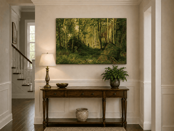 Unframed hand-painted forest glade oil painting with a figure, rocks and filtered sunlight displayed above an entryway console table.