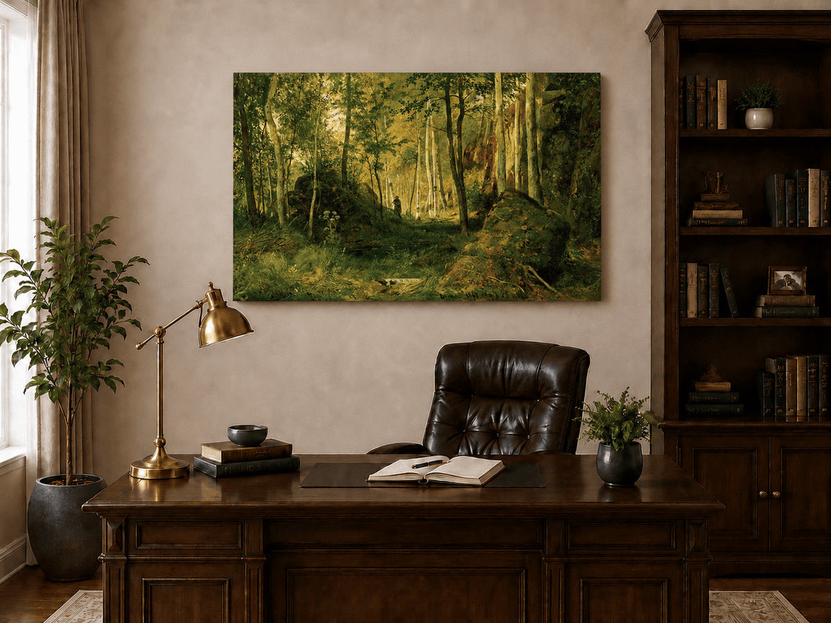 Unframed hand-painted forest glade oil painting with a figure, rocks and filtered sunlight displayed above a traditional home office desk.