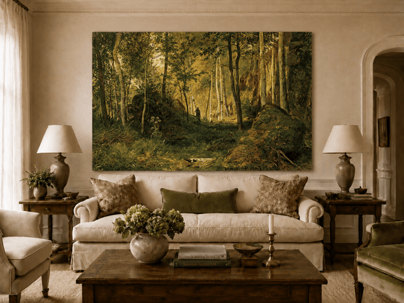 Unframed hand-painted forest glade oil painting with a figure, rocks and filtered sunlight displayed above a neutral living room sofa.