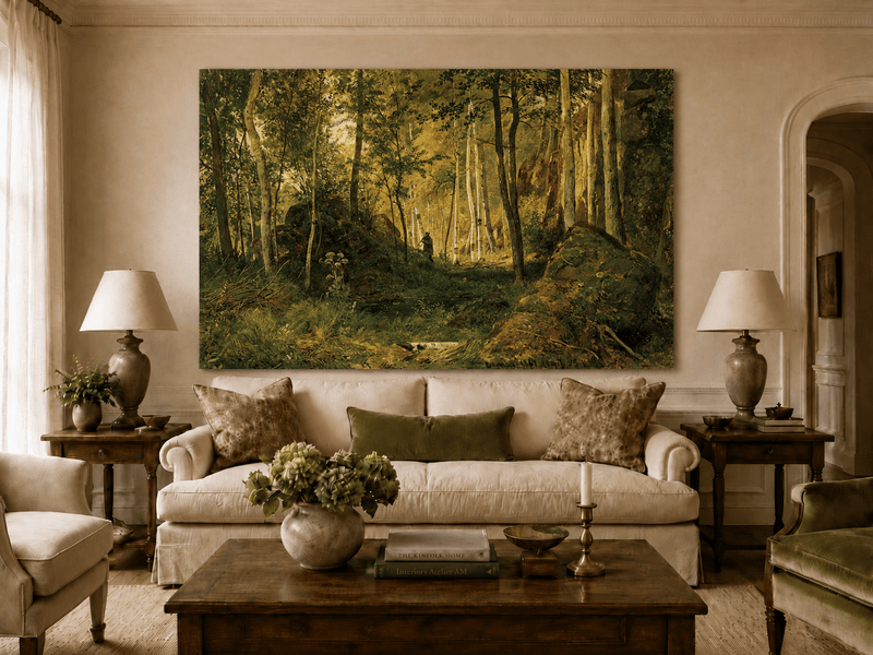 Unframed hand-painted forest glade oil painting with a figure, rocks and filtered sunlight displayed above a neutral living room sofa.