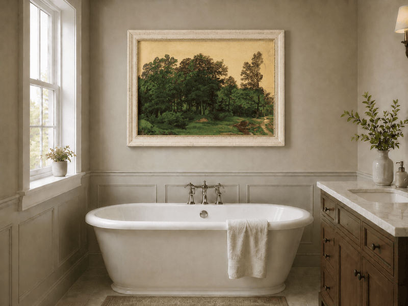 Framed hand-painted forest glade oil painting with a winding stream displayed above a freestanding bathtub.