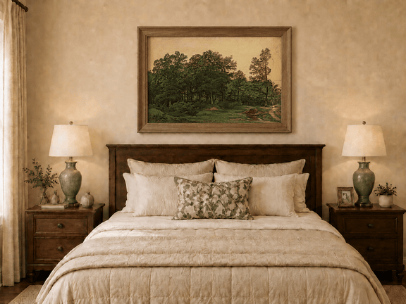 Framed hand-painted forest glade oil painting with a winding stream displayed above a wooden bed in a neutral bedroom.