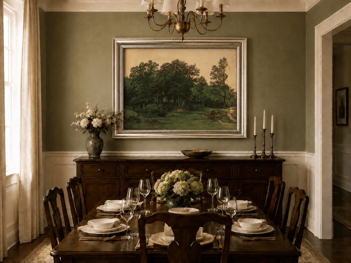 Framed hand-painted forest glade oil painting with a winding stream displayed above a formal dining table.