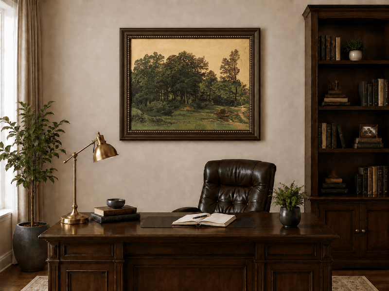 Framed hand-painted forest glade oil painting with a winding stream displayed above a traditional home office desk.