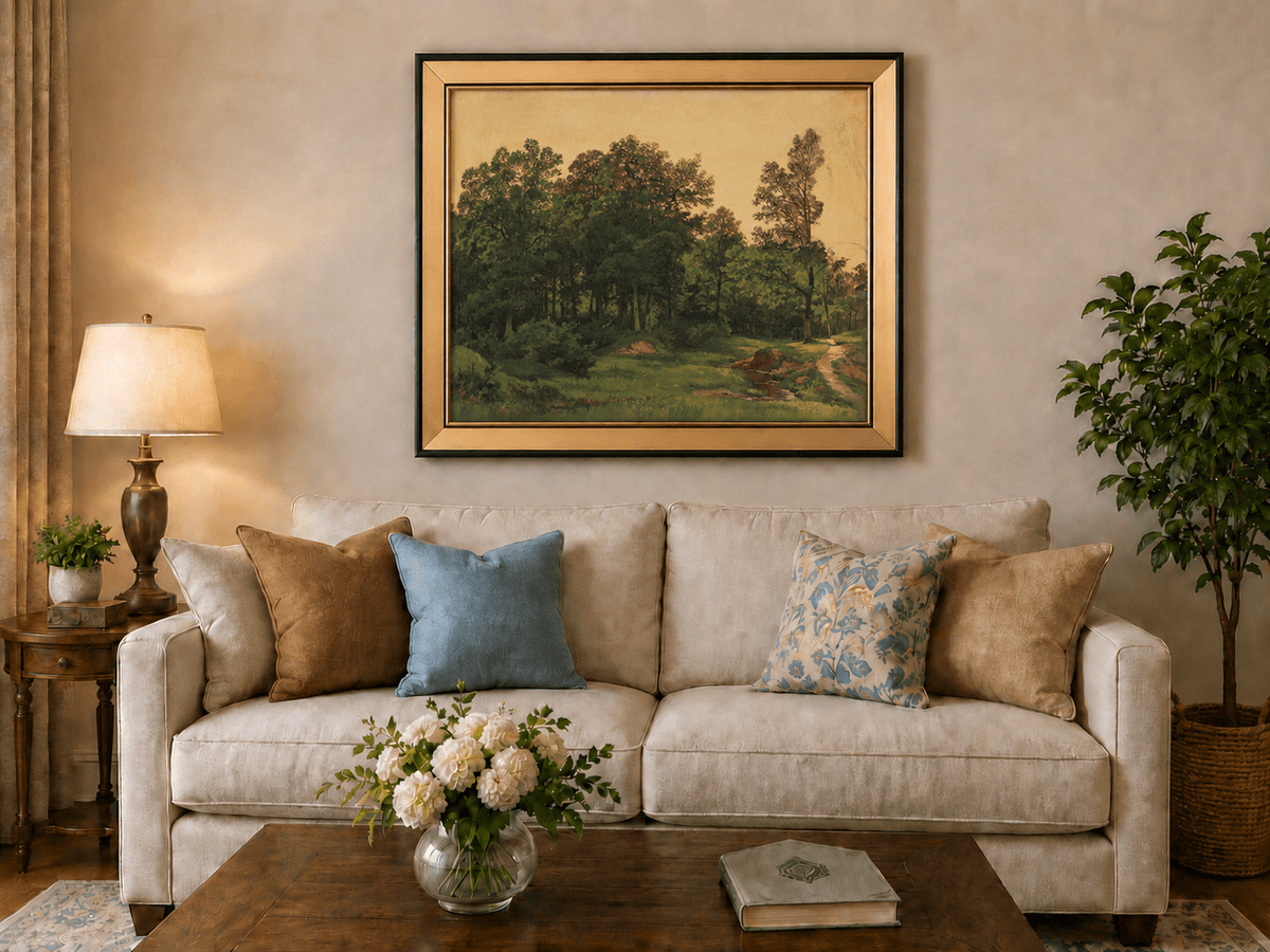Framed hand-painted forest glade oil painting with a winding stream displayed above a neutral living room sofa.