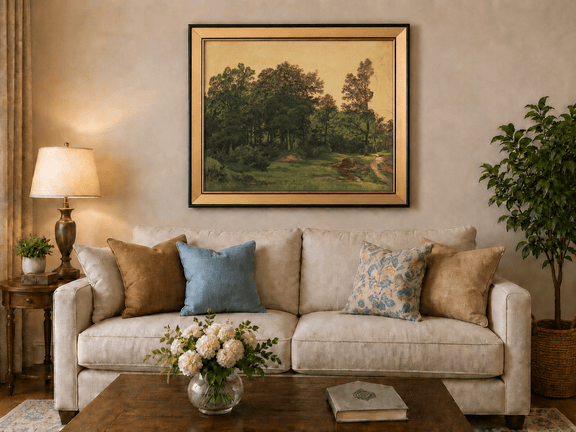 Framed hand-painted forest glade oil painting with a winding stream displayed above a neutral living room sofa.
