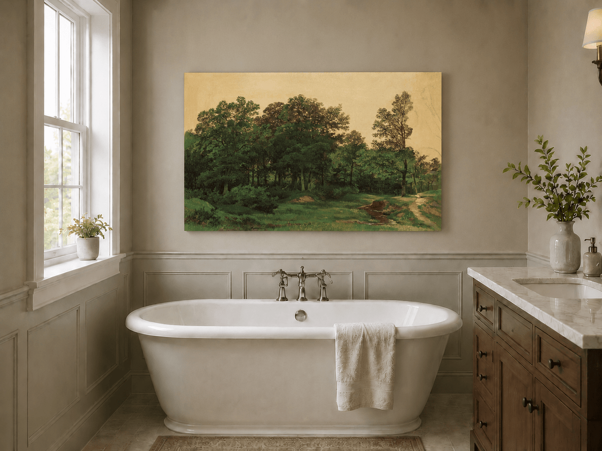 Unframed hand-painted forest glade oil painting with a winding stream displayed above a freestanding bathtub.
