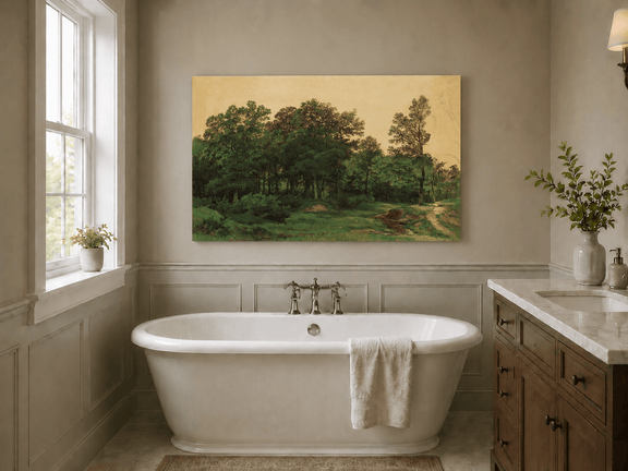Unframed hand-painted forest glade oil painting with a winding stream displayed above a freestanding bathtub.