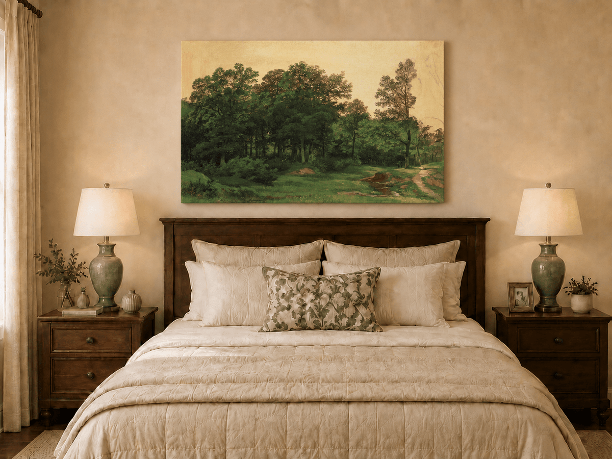 Unframed hand-painted forest glade oil painting with a winding stream displayed above a wooden bed in a neutral bedroom.