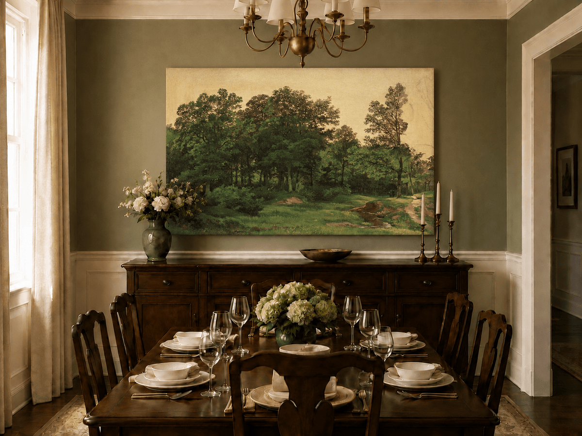 Unframed hand-painted forest glade oil painting with a winding stream displayed above a formal dining table.