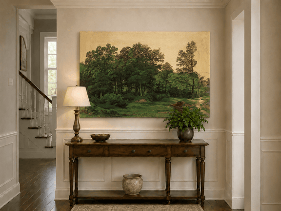 Unframed hand-painted forest glade oil painting with a winding stream displayed above an entryway console table.