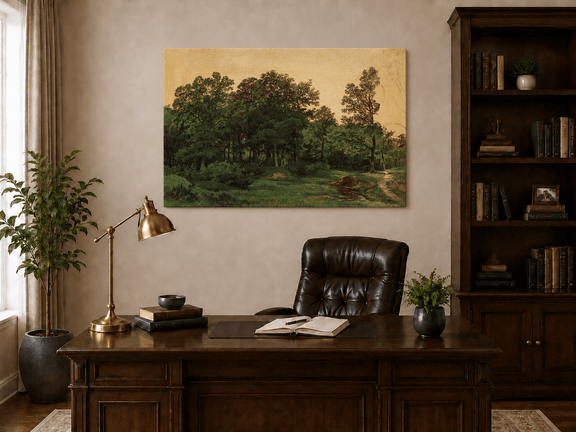 Unframed hand-painted forest glade oil painting with a winding stream displayed above a traditional home office desk.