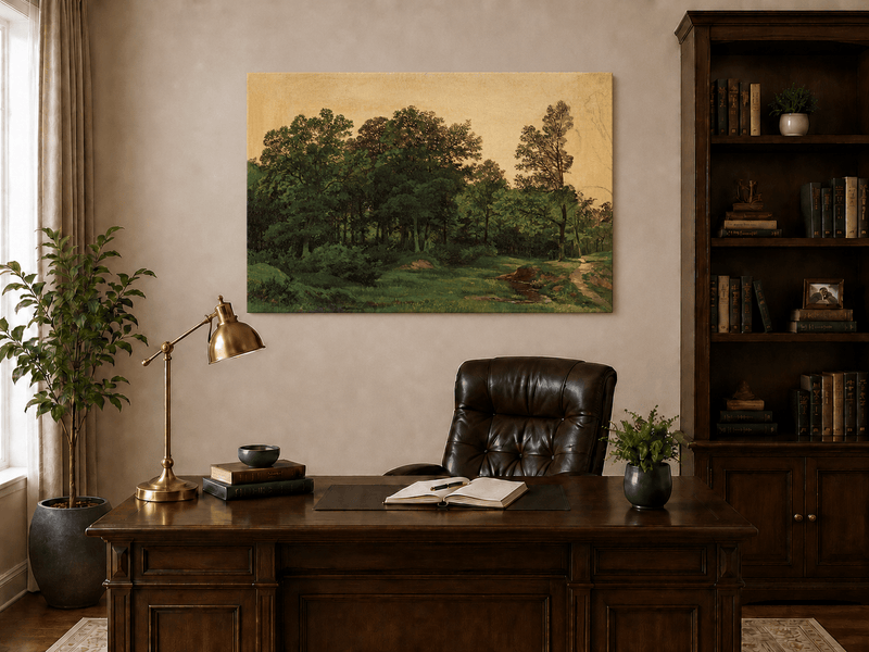 Unframed hand-painted forest glade oil painting with a winding stream displayed above a traditional home office desk.