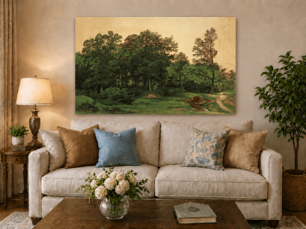 Unframed hand-painted forest glade oil painting with a winding stream displayed above a neutral living room sofa.
