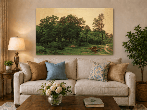 Unframed hand-painted forest glade oil painting with a winding stream displayed above a neutral living room sofa.