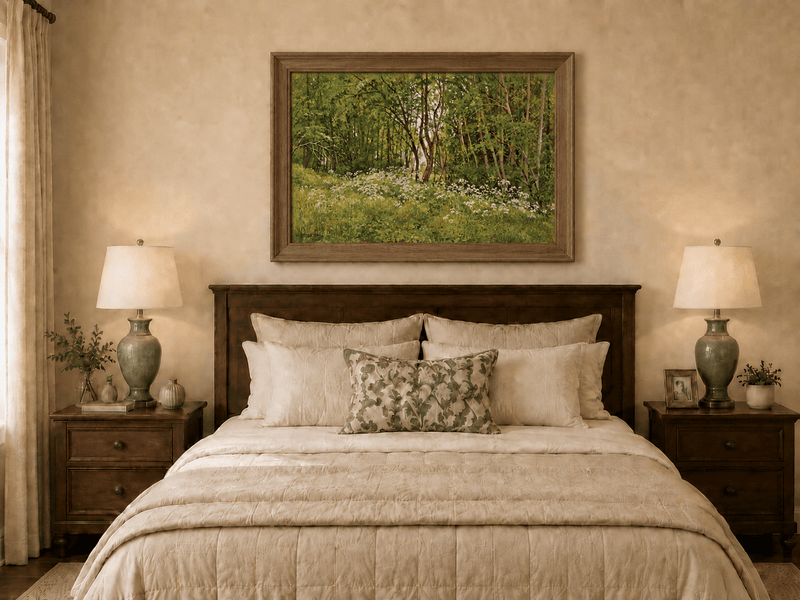 Framed hand-painted forest glade oil painting with wildflowers and tall trees displayed above a wooden bed in a neutral bedroom.