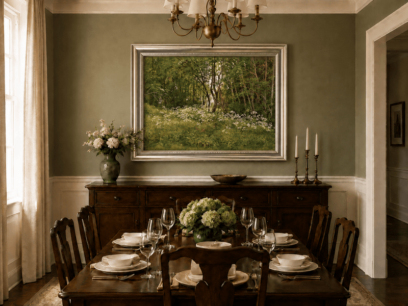 Framed hand-painted forest glade oil painting with wildflowers and tall trees displayed above a formal dining table.