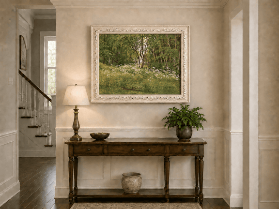 Framed hand-painted forest glade oil painting with wildflowers and tall trees displayed above an entryway console table.
