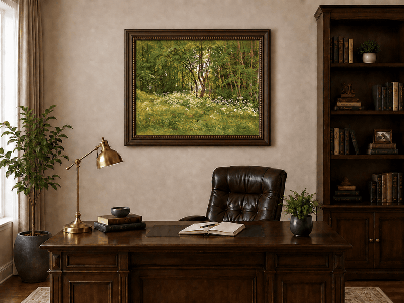Framed hand-painted forest glade oil painting with wildflowers and tall trees displayed above a traditional home office desk.