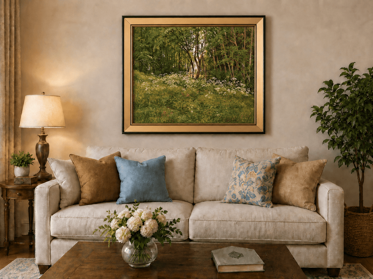 Framed hand-painted forest glade oil painting with wildflowers and tall trees displayed above a neutral living room sofa.