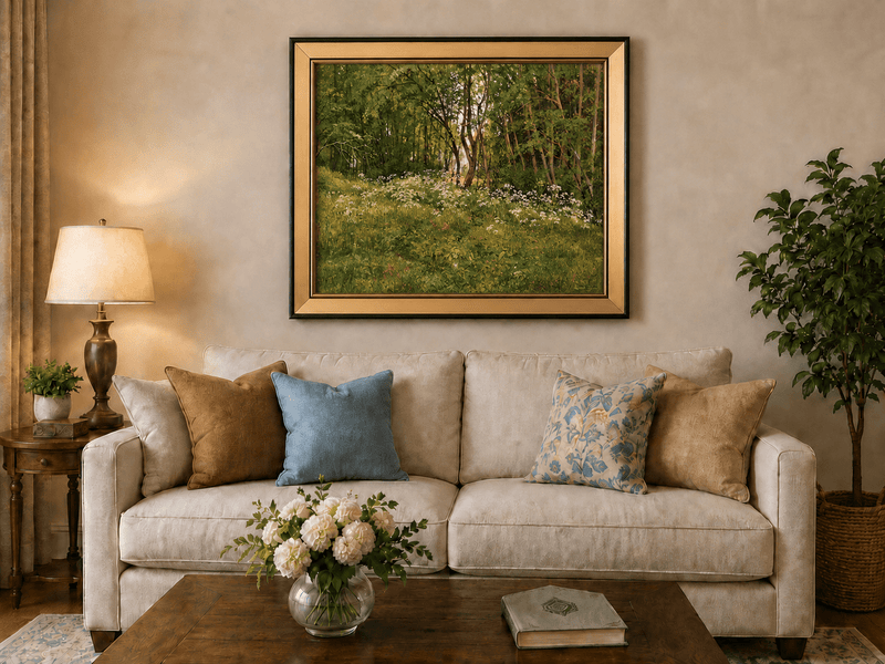 Framed hand-painted forest glade oil painting with wildflowers and tall trees displayed above a neutral living room sofa.