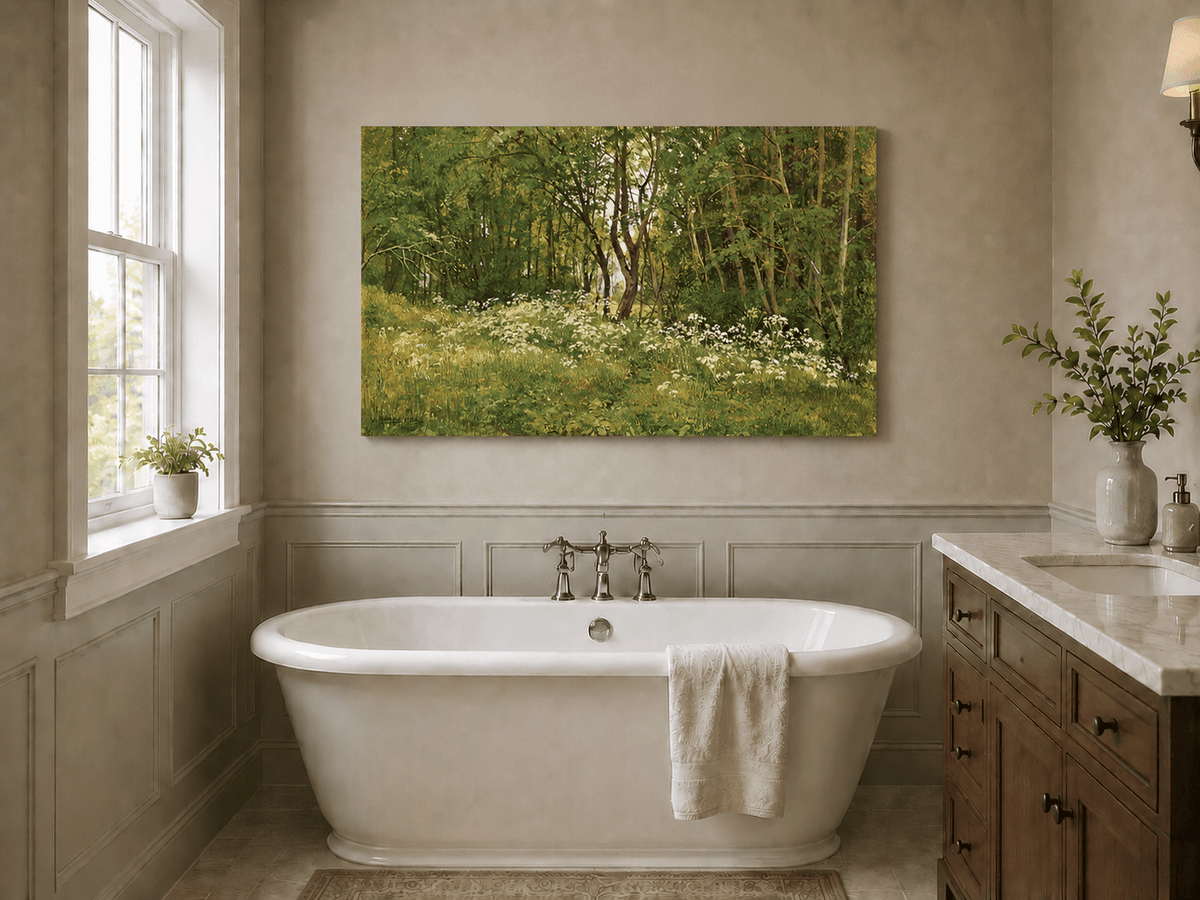 Unframed hand-painted forest glade oil painting with wildflowers and tall trees displayed above a freestanding bathtub.