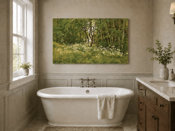 Unframed hand-painted forest glade oil painting with wildflowers and tall trees displayed above a freestanding bathtub.