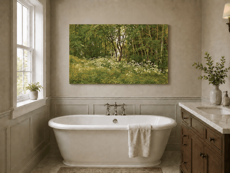 Unframed hand-painted forest glade oil painting with wildflowers and tall trees displayed above a freestanding bathtub.